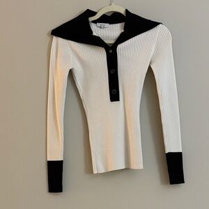 Reiss Women’s Black and White Viscose Ribbed Button Down Big Collared Shirt Med